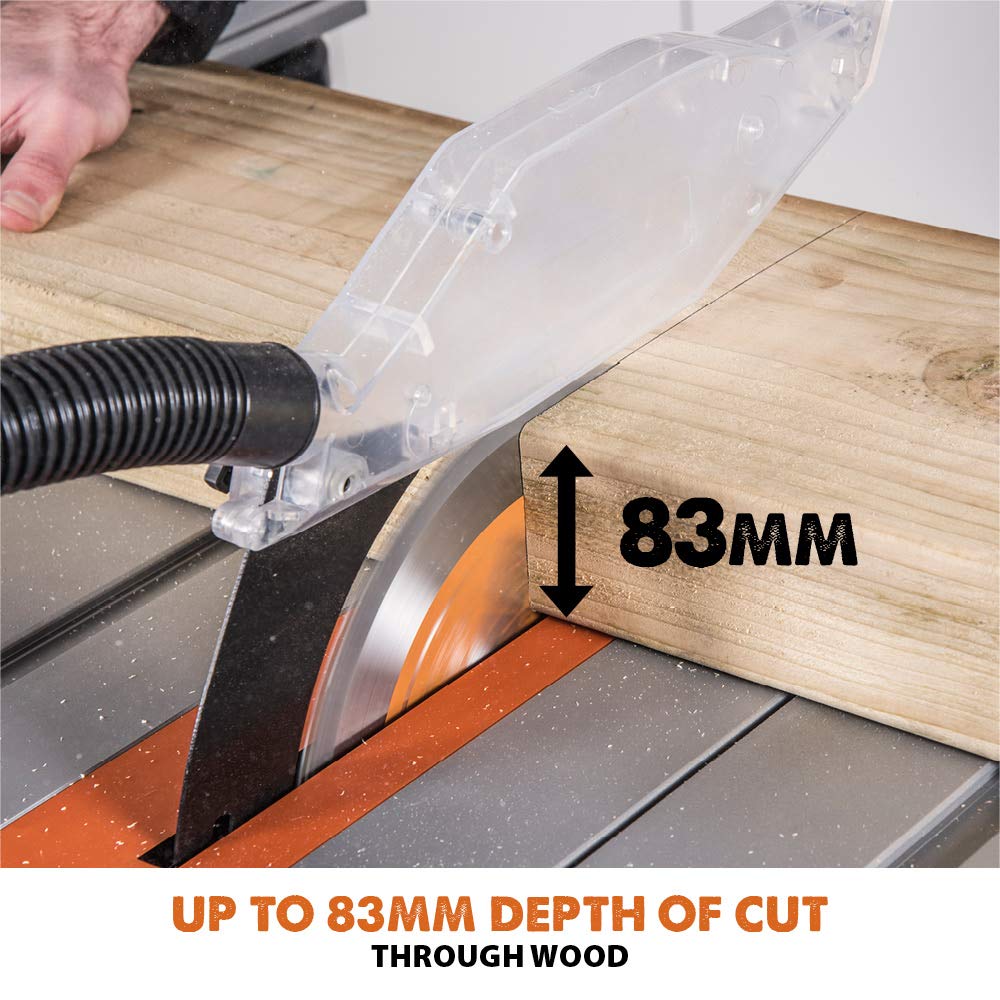Evolution Power Tools R255TBLX+ Table Saw With Stand (Next Gen Rage 5-S) Multi-Material Cutting Blade Included Cuts Wood Metal Plastic, 45˚ Bevel, +/- 60˚ Mitre Angle, 85mm Cut Depth, 1800w Motor 240v