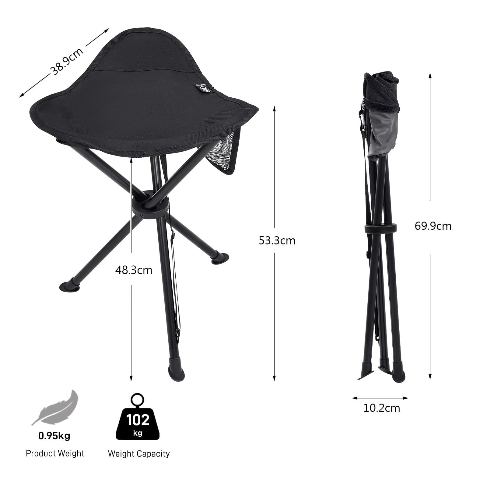 EVER ADVANCED Folding Stool Tripod Tall 53 cm Lightweight Camping Stool Compact Portable Fishing Tripod Camping Chair Collapsible for Outdoor Travel Walking Garden Backpack Hold Up 102 KG
