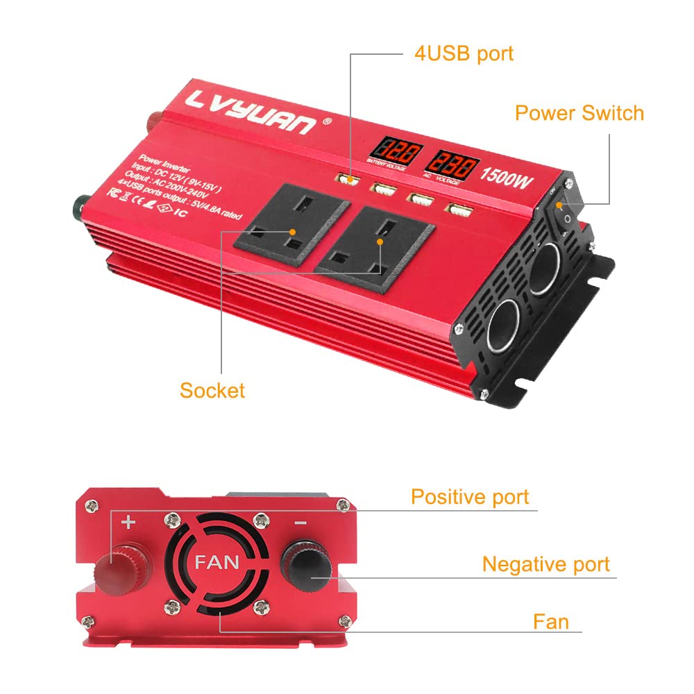 LVYUAN Power Inverter 12V to 240V AC Car Converter 600W /1500W Peak 4 USB 2 AC Sockets Dual Car cigarette lighter socket With 2 LED