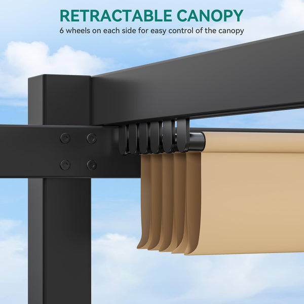 Metal Pergola with Retractable Roof, Outdoor Pergola Includes Water-Resistant and SPF 15 PU Coated Canopy, Sun Shade for Barbecue Events, Garden Parties, and Lawn in Dark grey 3x3Meter