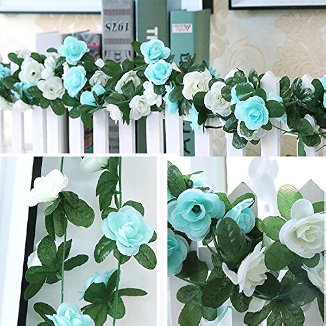 LumenTY 2 Pack 2.5 m Artificial Flower Vine Rose Garland Silk Fake Flowers Hanging Decor for Hotel Office Garden Home Party Wedding Festival Craft Art Decoration - Blue and White