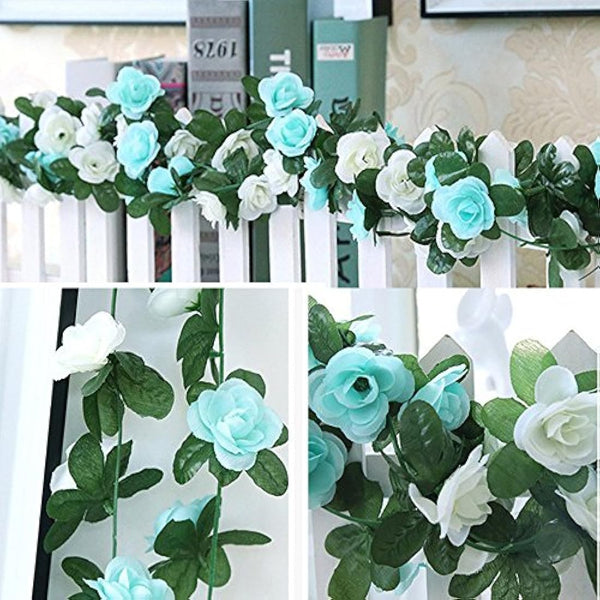 LumenTY 2 Pack 2.5 m Artificial Flower Vine Rose Garland Silk Fake Flowers Hanging Decor for Hotel Office Garden Home Party Wedding Festival Craft Art Decoration - Blue and White