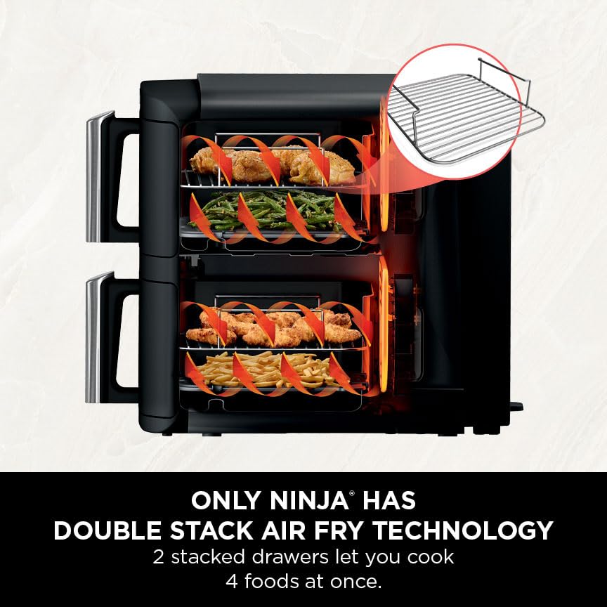 Ninja Double Stack XL Air Fryer, Vertical Dual Drawer AirFryer with 4 cooking levels, 2 Drawers and 2 Racks, Space Saving Design, 9.5L Capacity, 6 Cooking Functions, 8 Portions, Grey, SL400UK