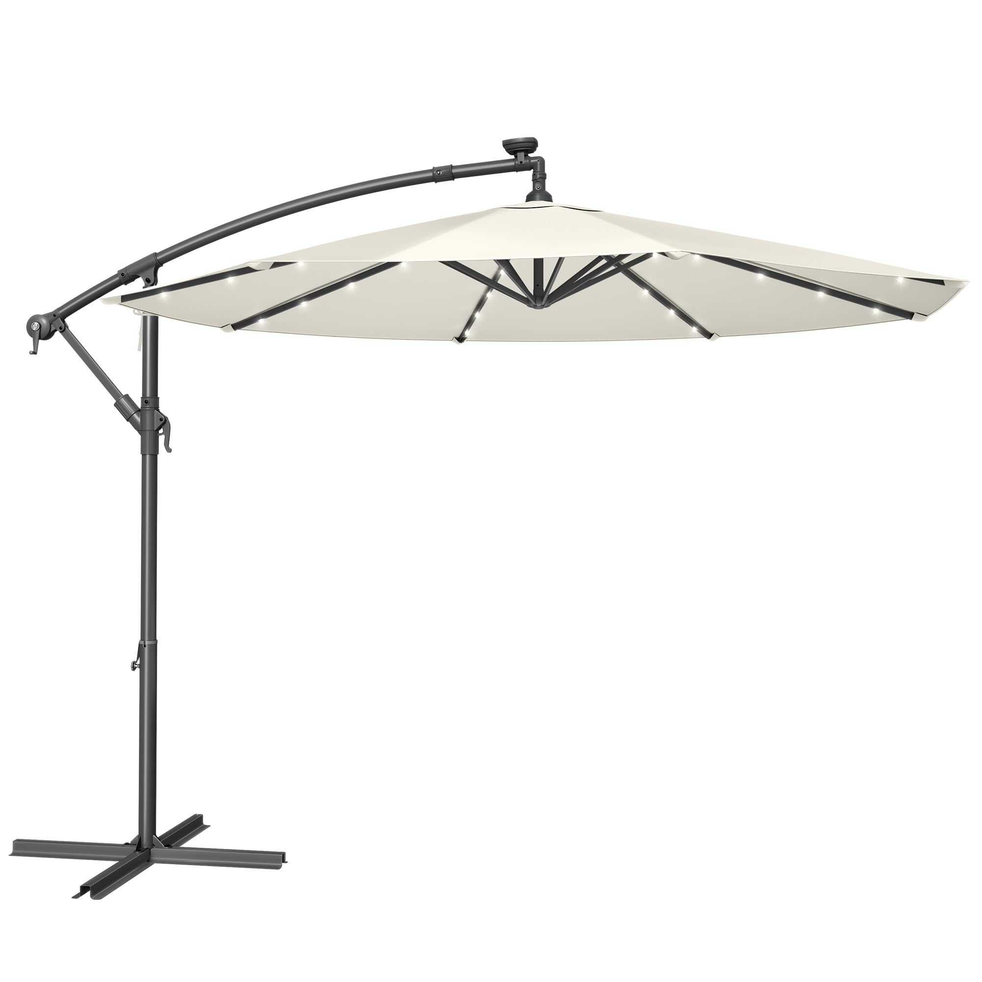 SONGMICS Cantilever Garden Parasol with Solar-Powered LED Lights, 3 m Banana Patio Umbrella with Base, Crank for Opening Closing, Sunshade with Protection UPF 50+, Beige GPU118M01