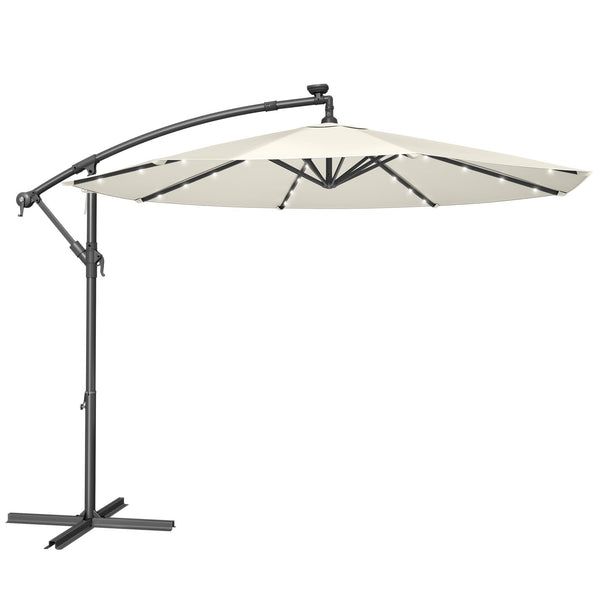 SONGMICS Cantilever Garden Parasol with Solar-Powered LED Lights, 3 m Banana Patio Umbrella with Base, Crank for Opening Closing, Sunshade with Protection UPF 50+, Beige GPU118M01