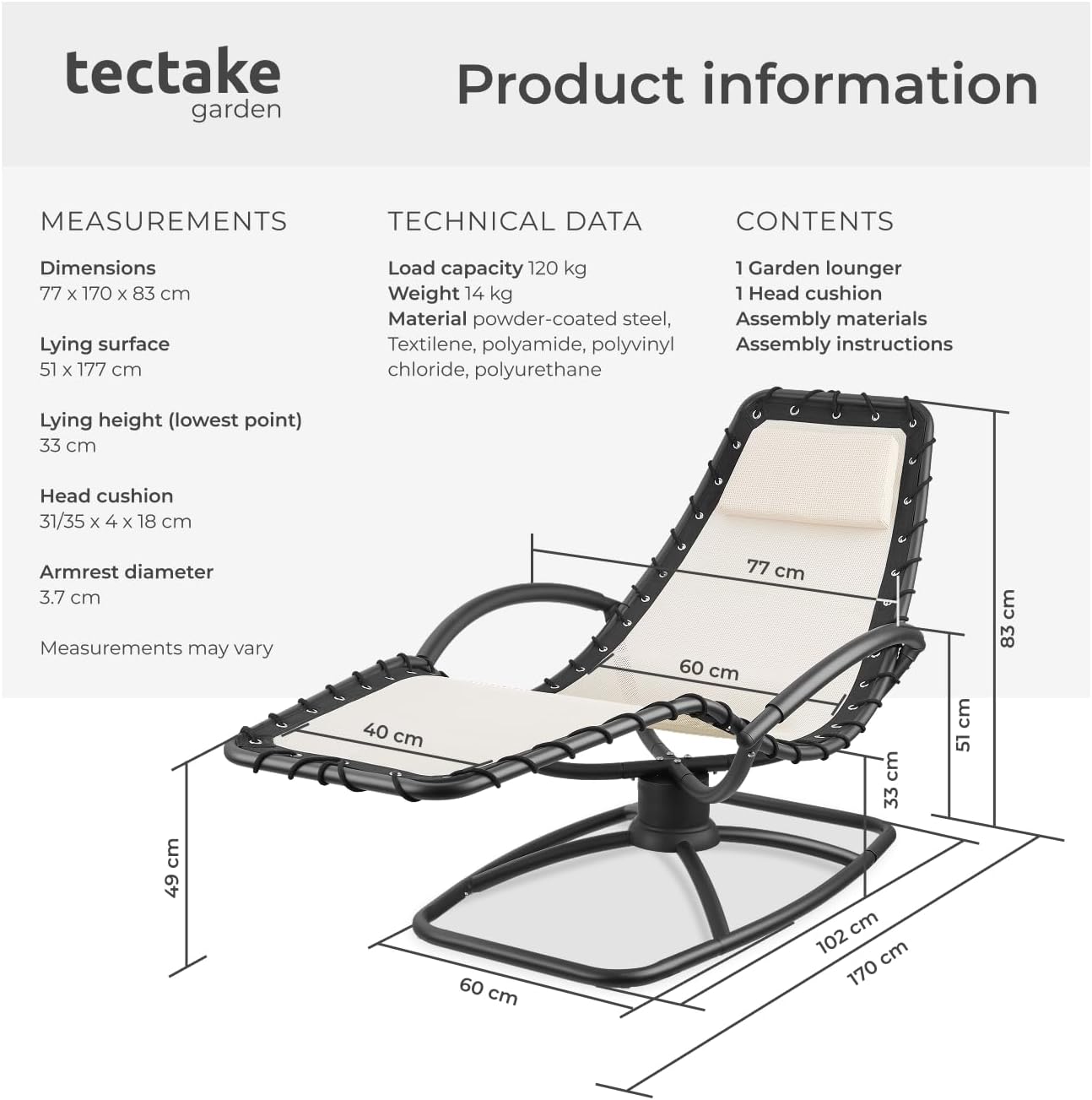 TecTake® Sun Lounger with Rocking Function, Ergonomic Garden Chair with Breathable Fabric, Thick Head Cushion, Curved Armrests & Sturdy Steel Frame, Outdoor Chair for Garden, Patio, Balcony - Grey