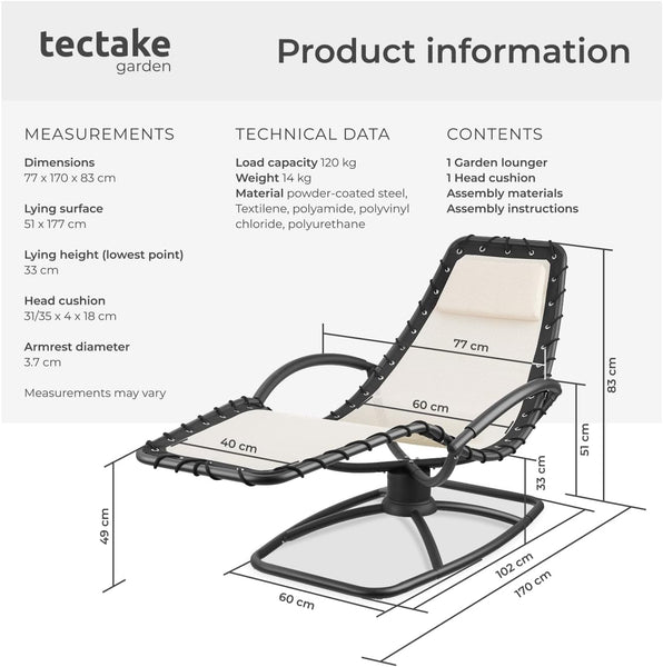 TecTake® Sun Lounger with Rocking Function, Ergonomic Garden Chair with Breathable Fabric, Thick Head Cushion, Curved Armrests & Sturdy Steel Frame, Outdoor Chair for Garden, Patio, Balcony - Grey