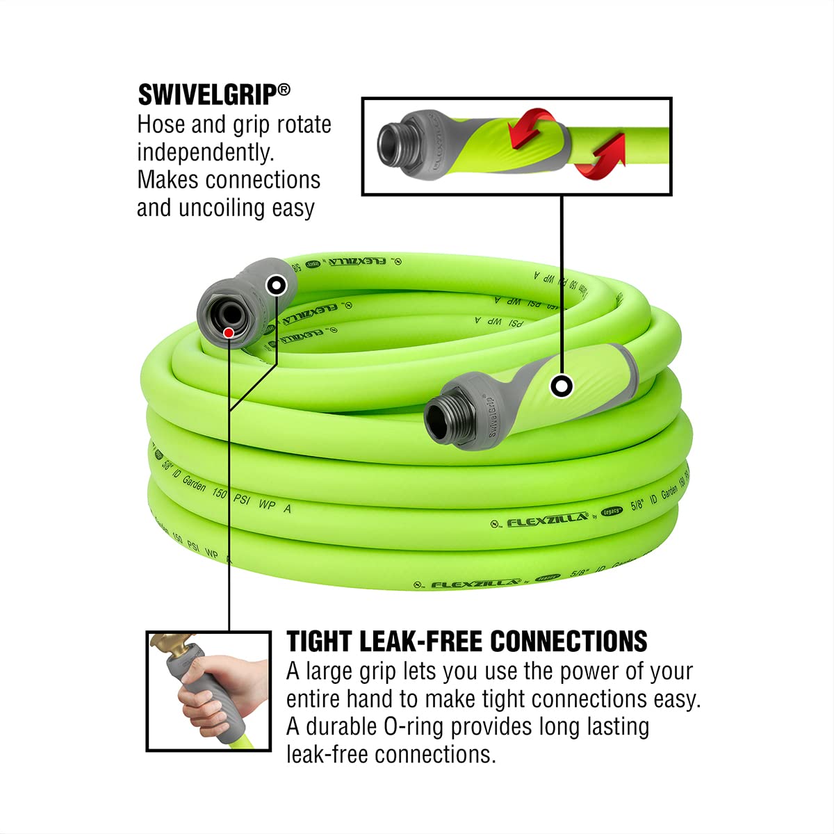 Flexzilla Garden Hose with SwivelGrip, 5/8 in. x 50 ft., Heavy Duty, Lightweight, Drinking Water Safe, ZillaGreen - HFZG550YWS-E