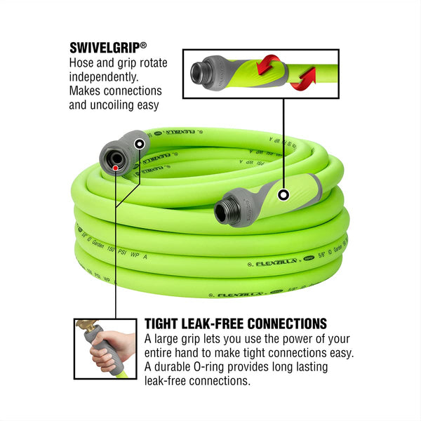 Flexzilla Garden Hose with SwivelGrip, 5/8 in. x 50 ft., Heavy Duty, Lightweight, Drinking Water Safe, ZillaGreen - HFZG550YWS-E