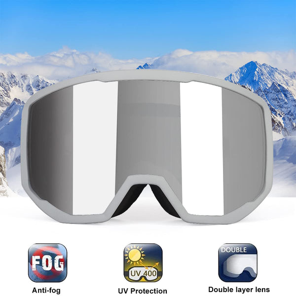 EXP VISION Ski Goggles, Anti fog Snow Snowboard Goggle OTG Dual lens with 100% UV400 Protection for Men Women (Grey Frame-Silver)
