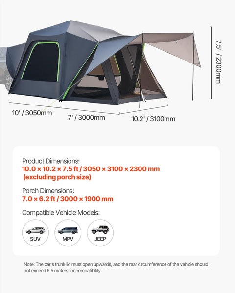VEVOR Waterproof PU2000mm Spacious Double Layer Design, SUV Camping Tent with Shade Awning and Mesh Windows, Includes Rainfly and Storage Bag