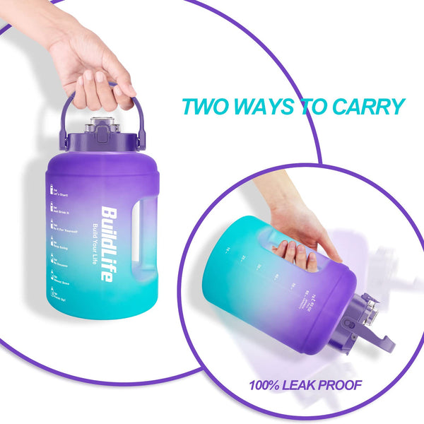 BuildLife Water Bottles with Straw & Flip Cap 2 in 1 Lid - Large Water Bottle with Time Markings BPA Free Leak Proof Wide Mouth Drinks Bottle,2.5 Litre Durable Sports Water Bottle (Black)