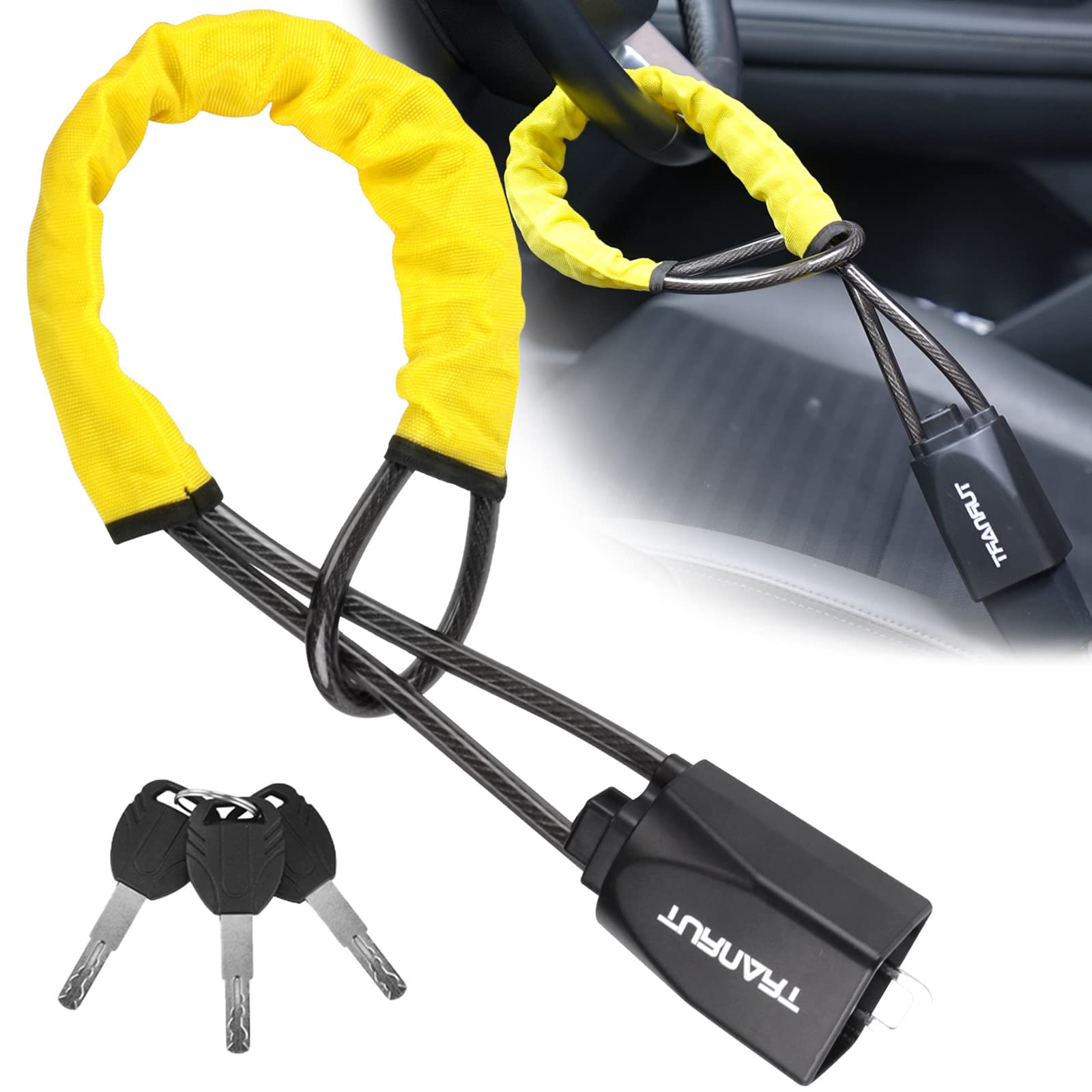 Turnart Steering Wheel Lock Seat Belt Lock Universal Fit Most Vehicles Sturdy Lock for Car Truck SUV Van Security with 3 Keys (Yellow)