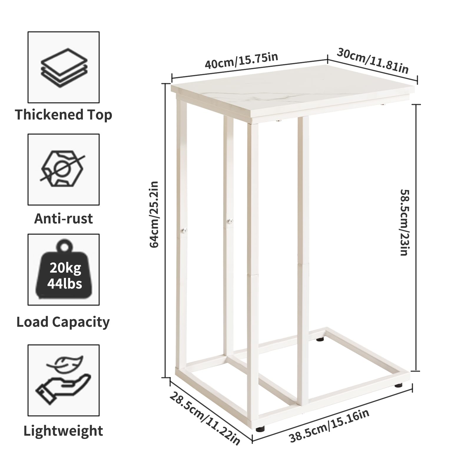 Aibiju Set of 2 Sofa Side Table,C Shaped End Table, Snack Coffee Laptop Desk with Metal Frame for Office, Living Room, Bedroom, White Faux Marble and