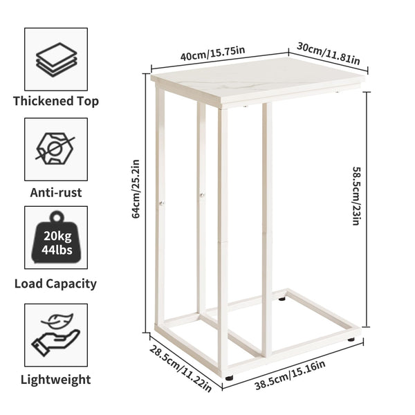 Aibiju Set of 2 Sofa Side Table,C Shaped End Table, Snack Coffee Laptop Desk with Metal Frame for Office, Living Room, Bedroom, White Faux Marble and