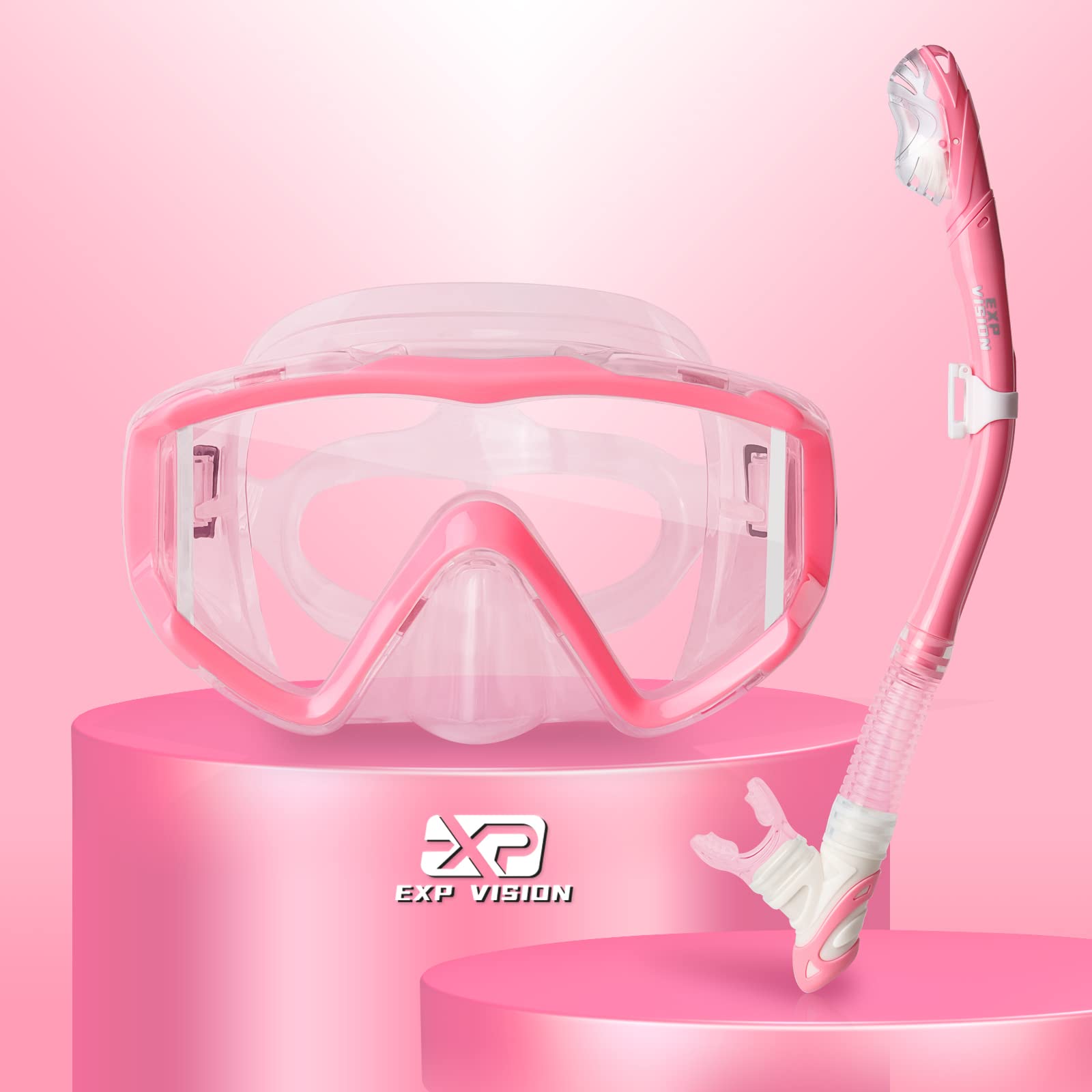 Dry Snorkel Set, Pano 3 Window Snorkel Mask, Anti-Fog Scuba Diving Goggles and Snorkel, Professional Adult Snorkeling Swim Mask Gear (Pink Set)
