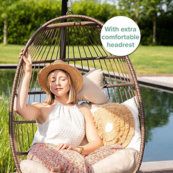 Vita5 Hanging Egg Chair Indoor&Outdoor - Swing Chair with Frame Polyrattan with Cushion - Hanging Chair Outdoor and Indoor - Foldable Hammock Chair - Maximum Load 150kg - Beige