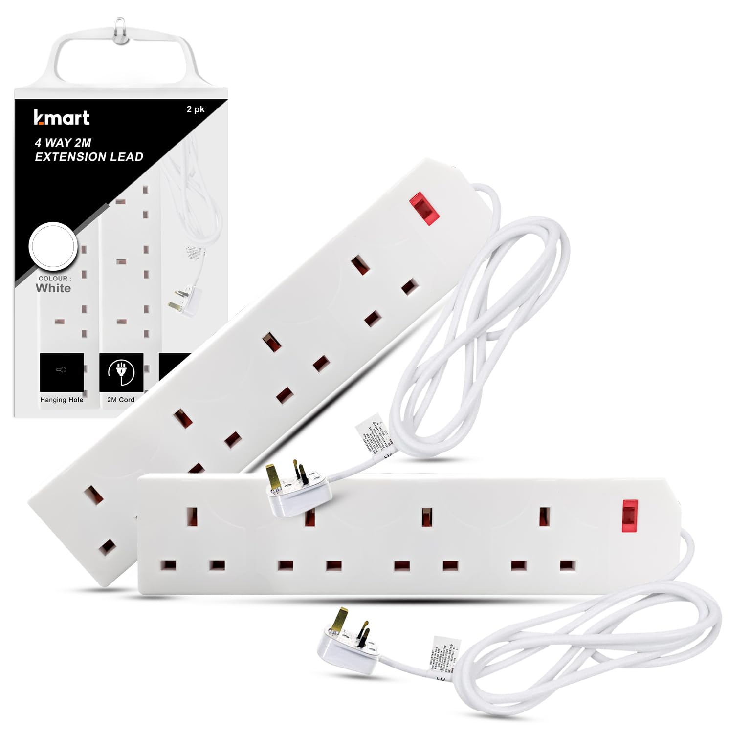 K-MART Heavy Duty Extension Lead UK Pin Plug and Cable, 4 Gang Way 2m Power Adapter, Multi Socket Mains Strip (White, 1 Pack)