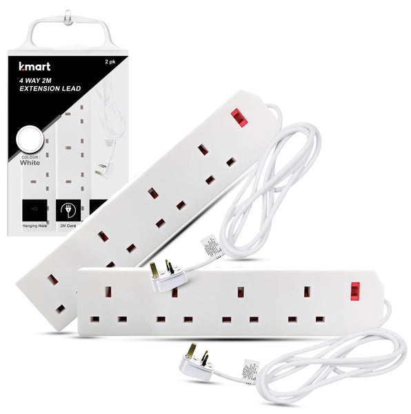 K-MART Heavy Duty Extension Lead UK Pin Plug and Cable, 4 Gang Way 2m Power Adapter, Multi Socket Mains Strip (White, 1 Pack)