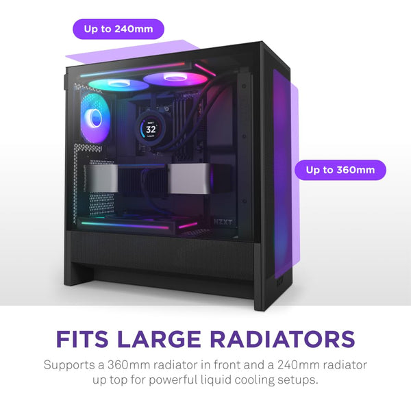 NZXT H5 Flow RGB - Compact ATX Mid-Tower PC Gaming Case - High Airflow - F360 RGB Core (CV) Included - 360mm Front & 240mm Top Radiator Support - Cable Management - Tempered Glass - White
