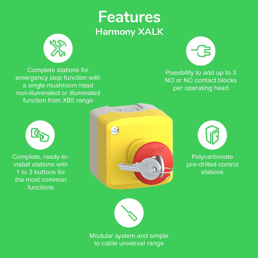 Schneider Electric Control station, plastic, yellow lid, 1 red mushroom push button Ø40, key release, 1 NO + 2 NC