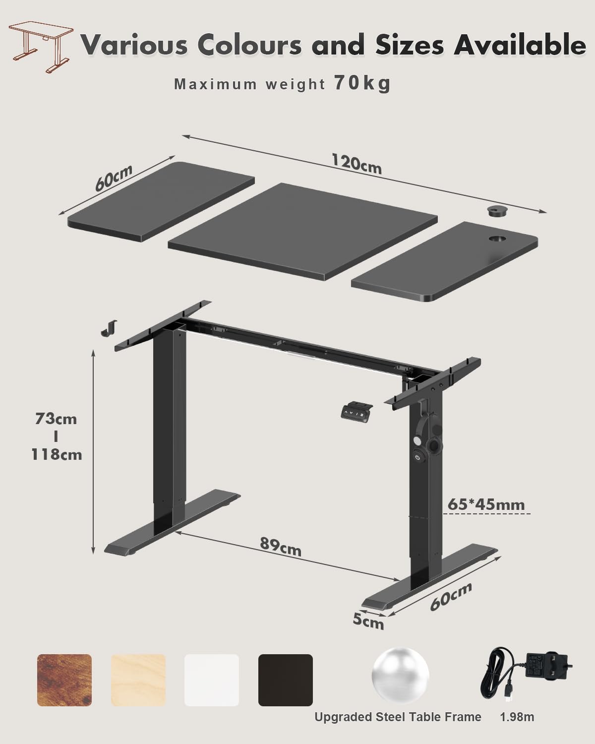 Devoko Electric Standing Desk 120x60cm Sit Stand Table Height Adjustable with Backpack Hook and Memory Smart Pannel, Home Office, White