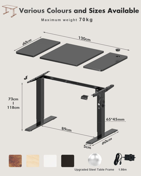 Devoko Electric Standing Desk 120x60cm Sit Stand Table Height Adjustable with Backpack Hook and Memory Smart Pannel, Home Office, White
