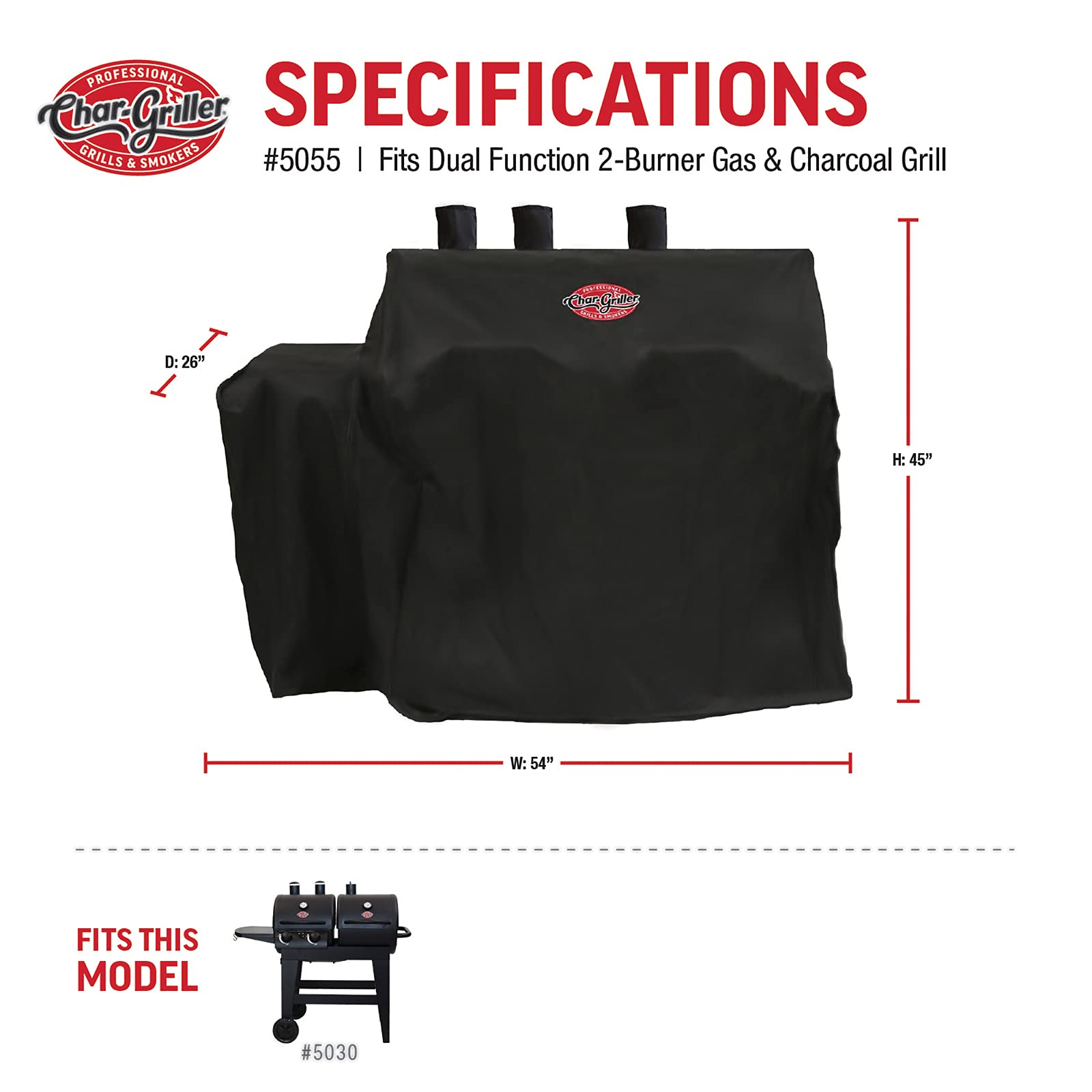 Char Griller 5055 Grill Cover, Fits Dual Function 5030 2 Burner Gas-and-Charcoal Grill
