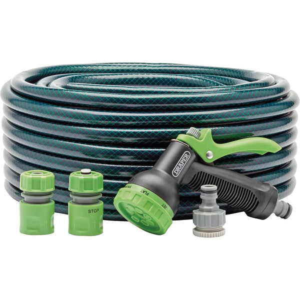 Draper 30m Garden Watering Hose and Spray Gun Kit | Reinforced with Polyester Yarn 12 mm Hose Pipe | 2mm Thickness Heavy Duty PVC Gardening Hose |