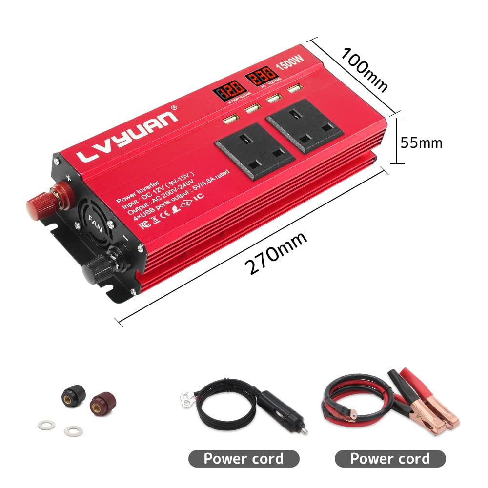 LVYUAN Power Inverter 12V to 240V AC Car Converter 600W /1500W Peak 4 USB 2 AC Sockets Dual Car cigarette lighter socket With 2 LED
