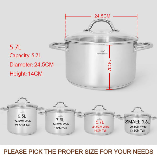 HOMICHEF Stock Pot 24.5 cm 5.7 Litre Nickel Free Stainless Steel - 5.7 Litre Pot with Lid and Handle - Soup Pot Small Cooking Pot