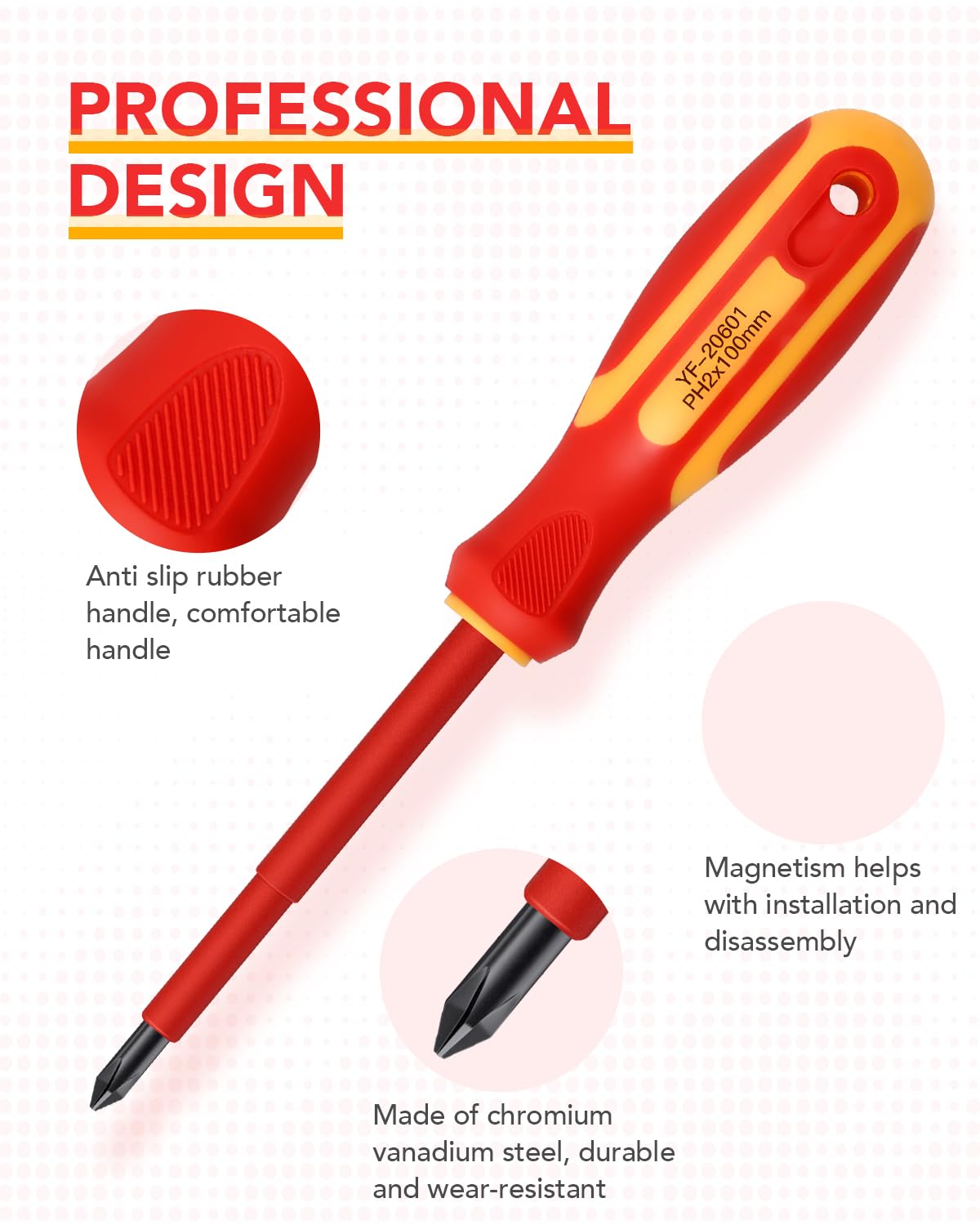 E·Durable 4pcs VDE Screwdriver Set, Magnetic Insulated Screwdriver Set to 1000v, Multifunctional Tool Kit Chrome Vanadium Screwdrivers TPR Handle for Home and Professional Use, Red