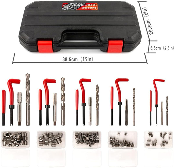 FOURROBBER 131PCS Thread Repair Kit, HSS Drill Helicoil Repair Kit SAE&Metric M5 M6 M8 M10 M12 Kit
