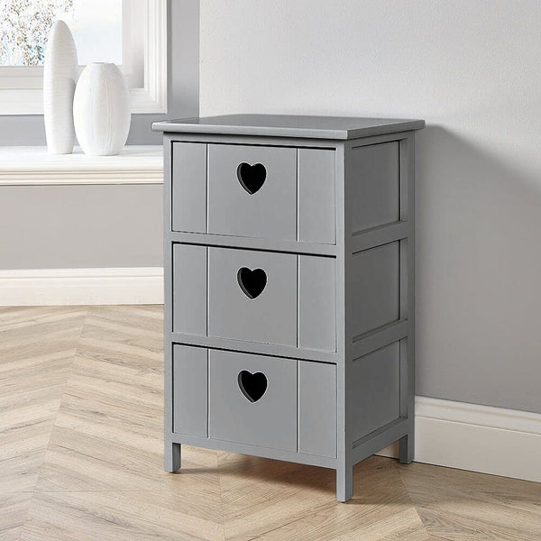 Home Source Chest of Drawers, Wooden Storage Unit Bedroom Organiser Bedside, Love Heart Design, 3 Drawer, Grey