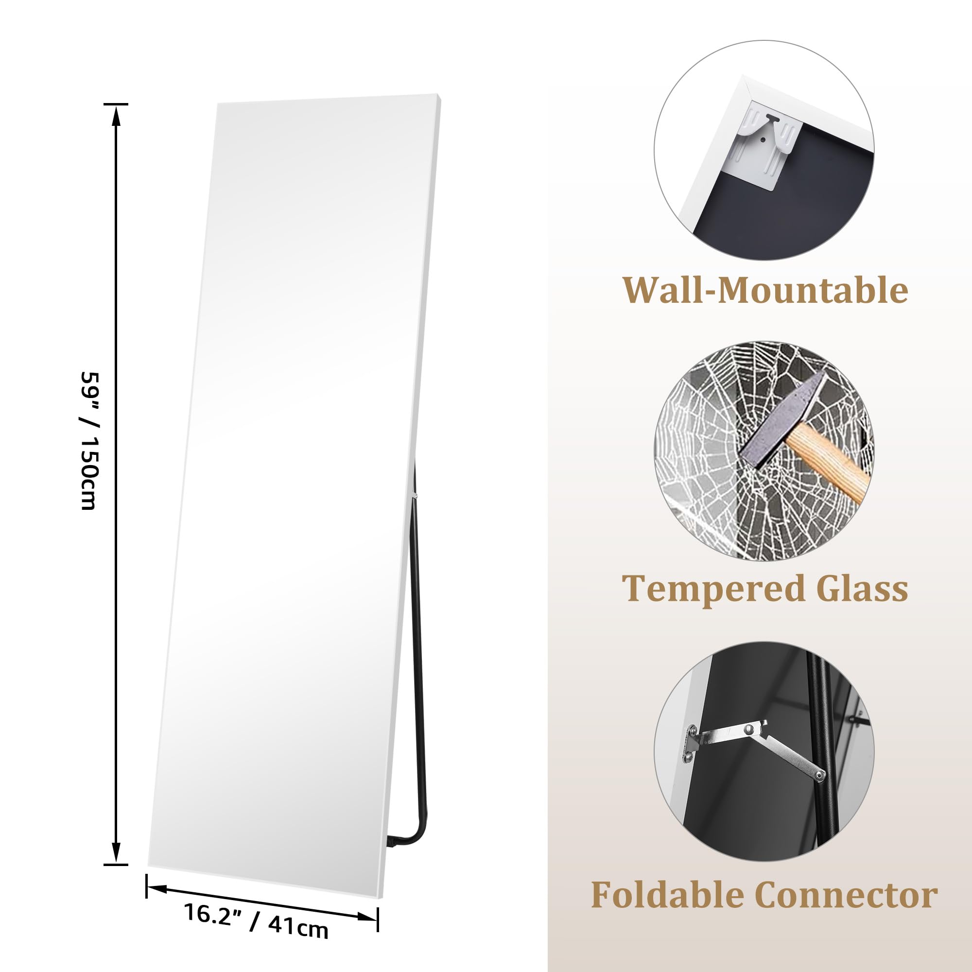 Hoikwo Full Length Mirrors 59x16 inches,Standing Mirror 150x41cm with White Frame for Bedroom, Living Room or Bathroom