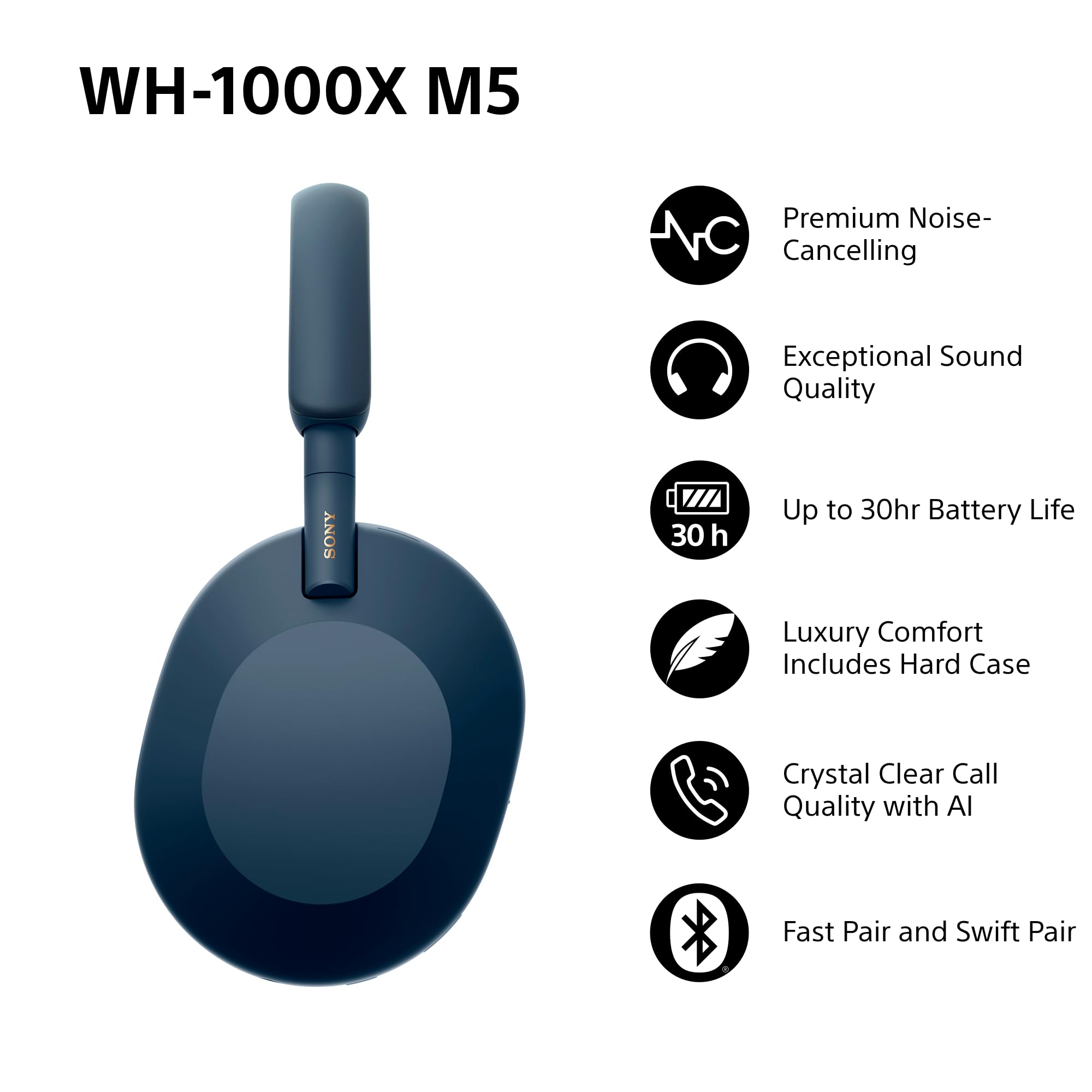 Sony WH-1000XM5 Hard Case Premium Noise Cancelling Wireless Over-Ear Headphones, Bluetooth, Clear Call Quality, Hi-Res Audio, Up to 30hr Battery Life, Includes Hard Case, iOS & Android - Black