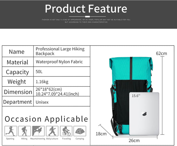 POWER KING 40L Expandable TO 50L Hiking Backpack,Upgraded X-PAC Scratch-proof Lightweight Large Rucksack for Mens Women, Outdoor Roll Top Camping Packsack, Fit for 15.6'' Laptop