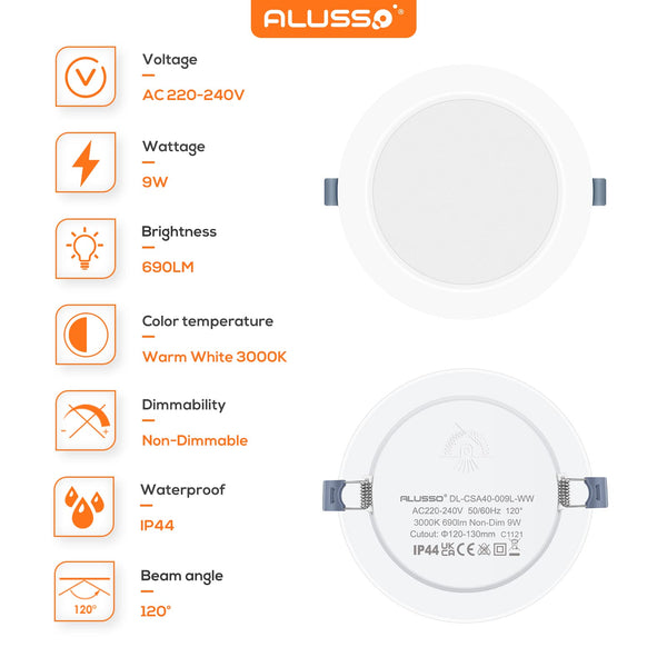 ALUSSO LED Downlights Ceiling 9W Ultra Slim Recessed Ceiling Lights, Warm White 3000K IP44 Spotlights Ceiling Lights for Kitchen Bathroom, 6 Pack