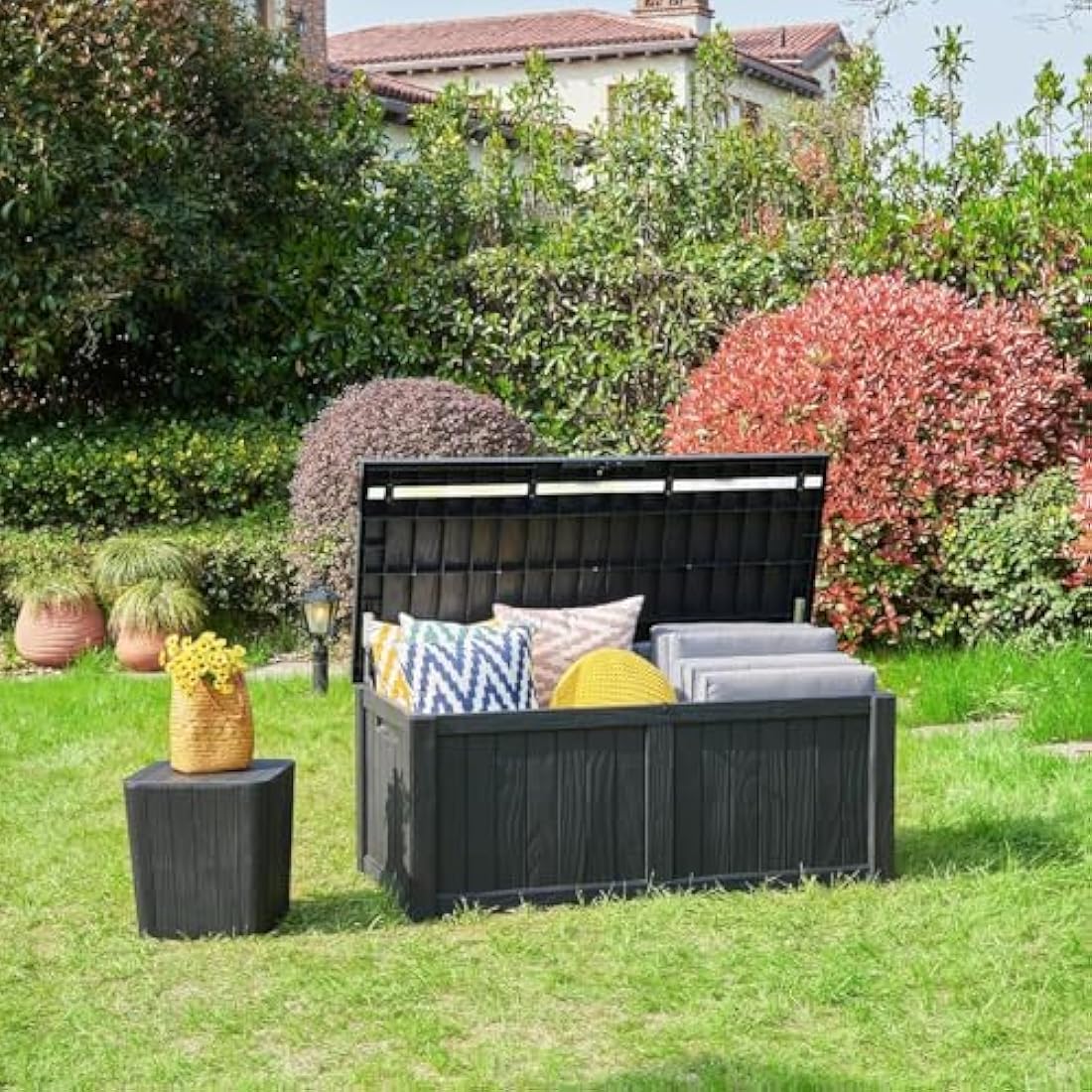 EAZILIFE 430L Garden Storage Box Outdoor Indoor Plastic Store Box/Bench Seat for Cushions, Toys, Games, DIY Pool Equipment - 125x56x61 Dark Grey Heavy Duty