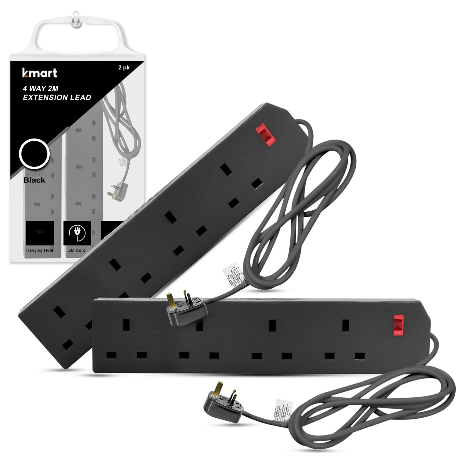 K-MART Heavy Duty Extension Lead UK Pin Plug and Cable, 4 Gang Way 2m Power Adapter, Multi Socket Mains Strip (White, 1 Pack)
