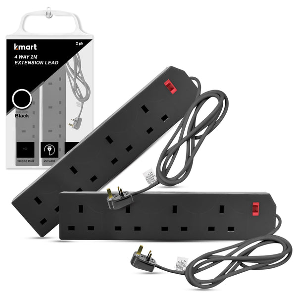 K-MART Heavy Duty Extension Lead UK Pin Plug and Cable, 4 Gang Way 2m Power Adapter, Multi Socket Mains Strip (White, 1 Pack)