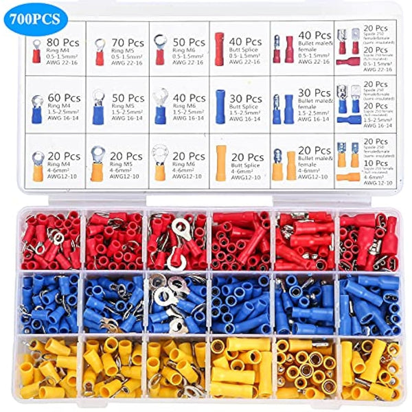 Insulated Wire Terminal Crimping Tool Kit, 0.5-6mm² Ratchet Crimping Plier, Cable Lug Pliers Electrician Crimping Tool Set with 700 Insulated Butt Bullet Spade Ring Crimp Connectors