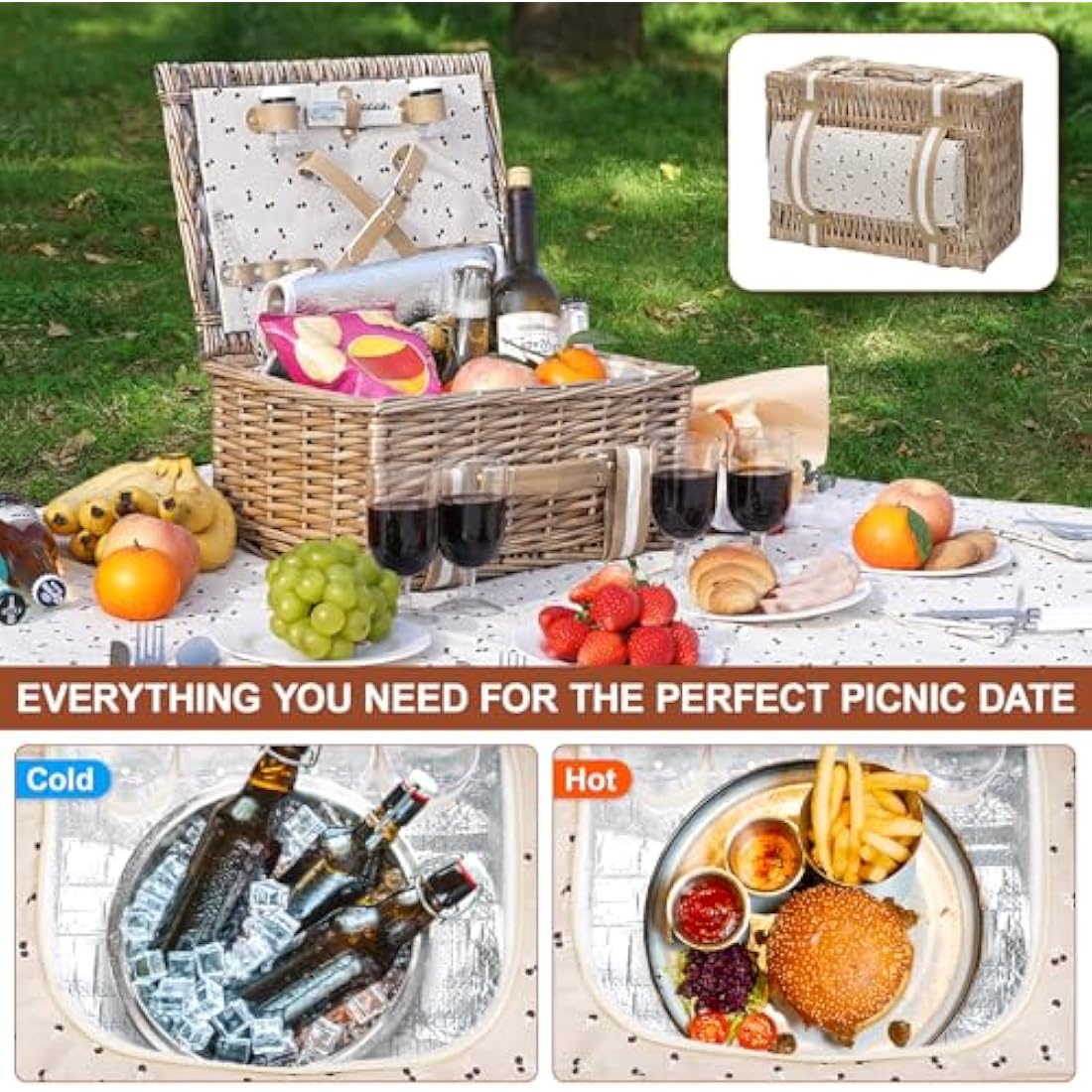 G GOOD GAIN Willow Picnic Basket Set for 4 Persons with Large Insulated Cooler Bag and Waterproof Picnic Blanket,Wicker Picnic Hamper for Camping,Outdoor,Valentine Day,Chirtmas,Thanks Giving,Birthday.