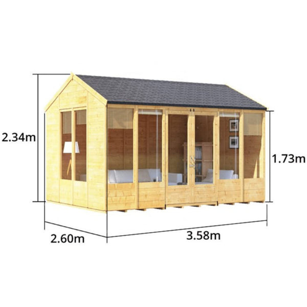 BillyOh Petra 12x10 Reverse Apex Summer House Shed, Log Cabin | Wooden Garden Room with Wide Double Doors, Tear Resistant Felt, Tongue and Groove Construction | Versatile Tiny Home or Garden Office