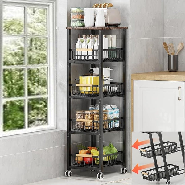 KOLENSA Metal Wire Baskets with Wheels, Stackable Storage Bins Kitchen Organizer Shelf, Multi Layer Fruit Vegetable Cart Dishes Seasonal Rack Freestanding with Pull Out Slide Drawer