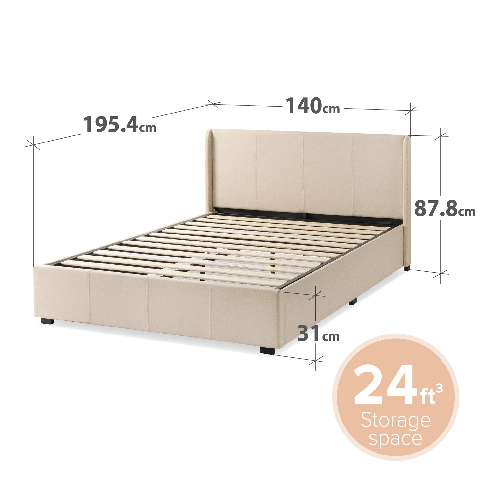 Zinus Maddon Double Bed frame - Bed 135x190 cm - 31 cm Height with Underbed Storage - Upholstered Platform Bed frame - Black