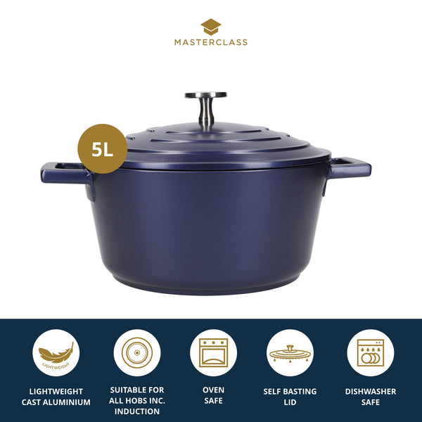 MasterClass Casserole Dish With Lid, Medium 4L/24 cm, Lightweight Cast Aluminium, Induction Hob And Oven Safe, Black