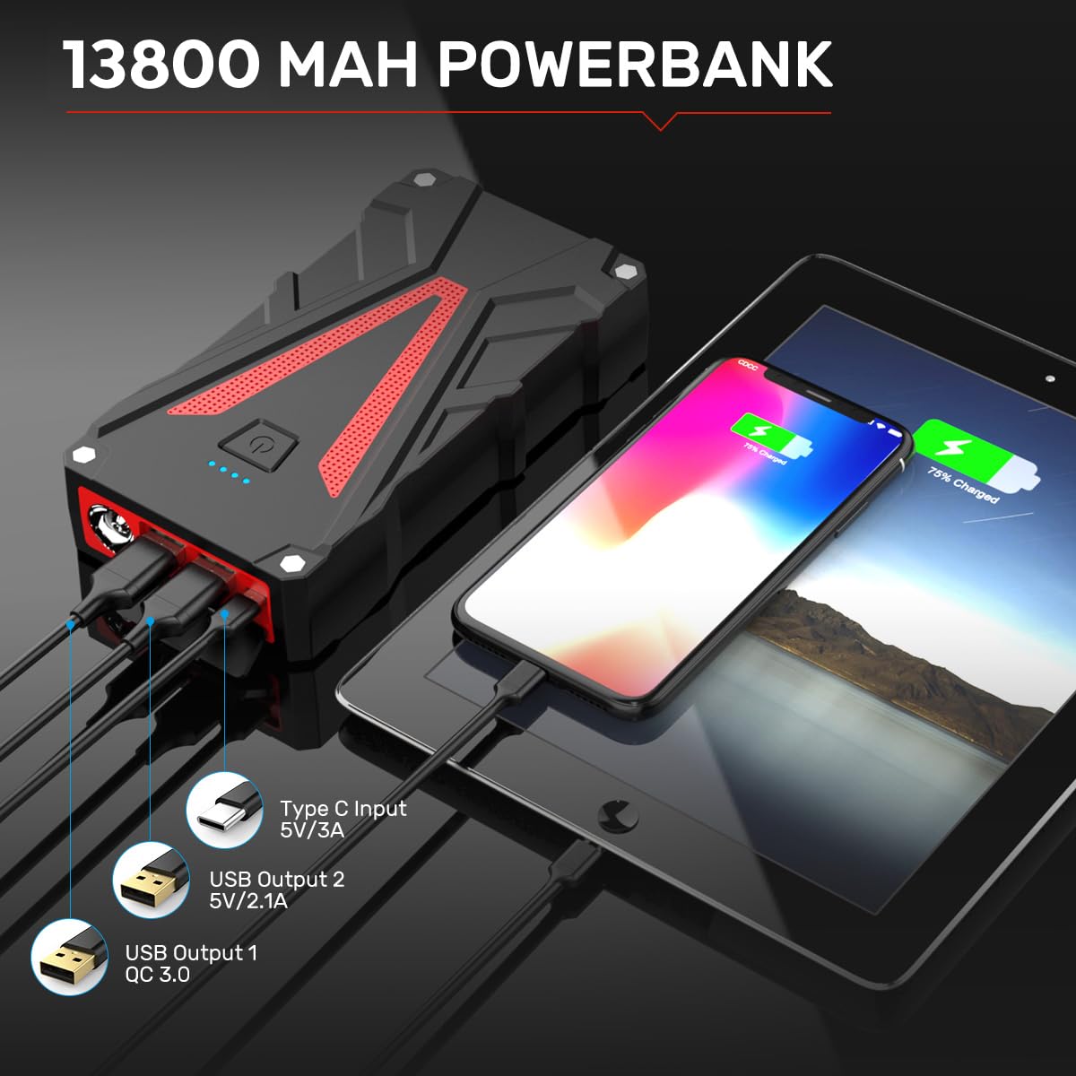 6000A Jump Starter Power Pack,12V Car Jump Starter, Portable Car Battery Booster Jump Starter with Jump Leads,Quick Charge,LED Flashlight