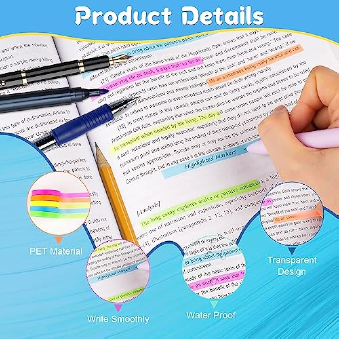 Hoiny Highlighter Tape, 10 Rolls Transparent Highlighter Strips, Removable Transparent Sticky Notes, Colorful Index Tabs, Book Annotation Kit for Revision Supplies Study Essentials