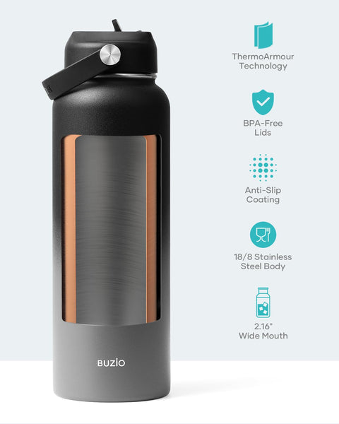 Stainless Steel Water Bottle 2L, BUZIO Vacuum Insulated Water Bottle with Straw Lid and Flex Cap Cold for 48 Hrs, Hot for 24 Hrs Double Wall Wide Mouth BPA Free Leak Proof, Black